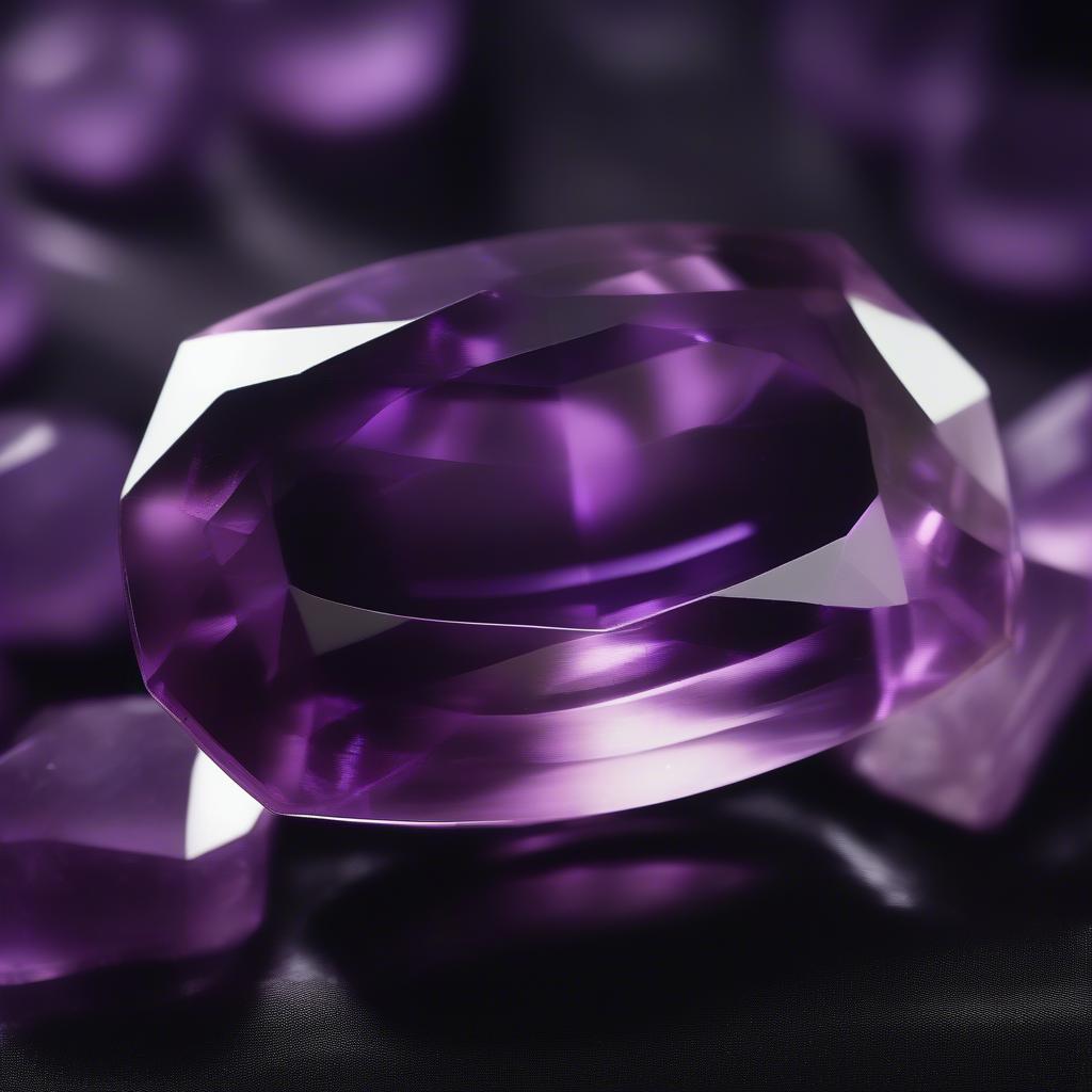 Đá Amethyst hợp mệnh gì? Hình ảnh minh họa viên đá Amethyst tím đậm, được cắt gọt tinh xảo, đặt trên nền nhung đen.