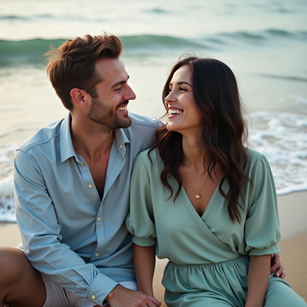 A happy couple, both with the Water element, enjoying a moment together by the sea.