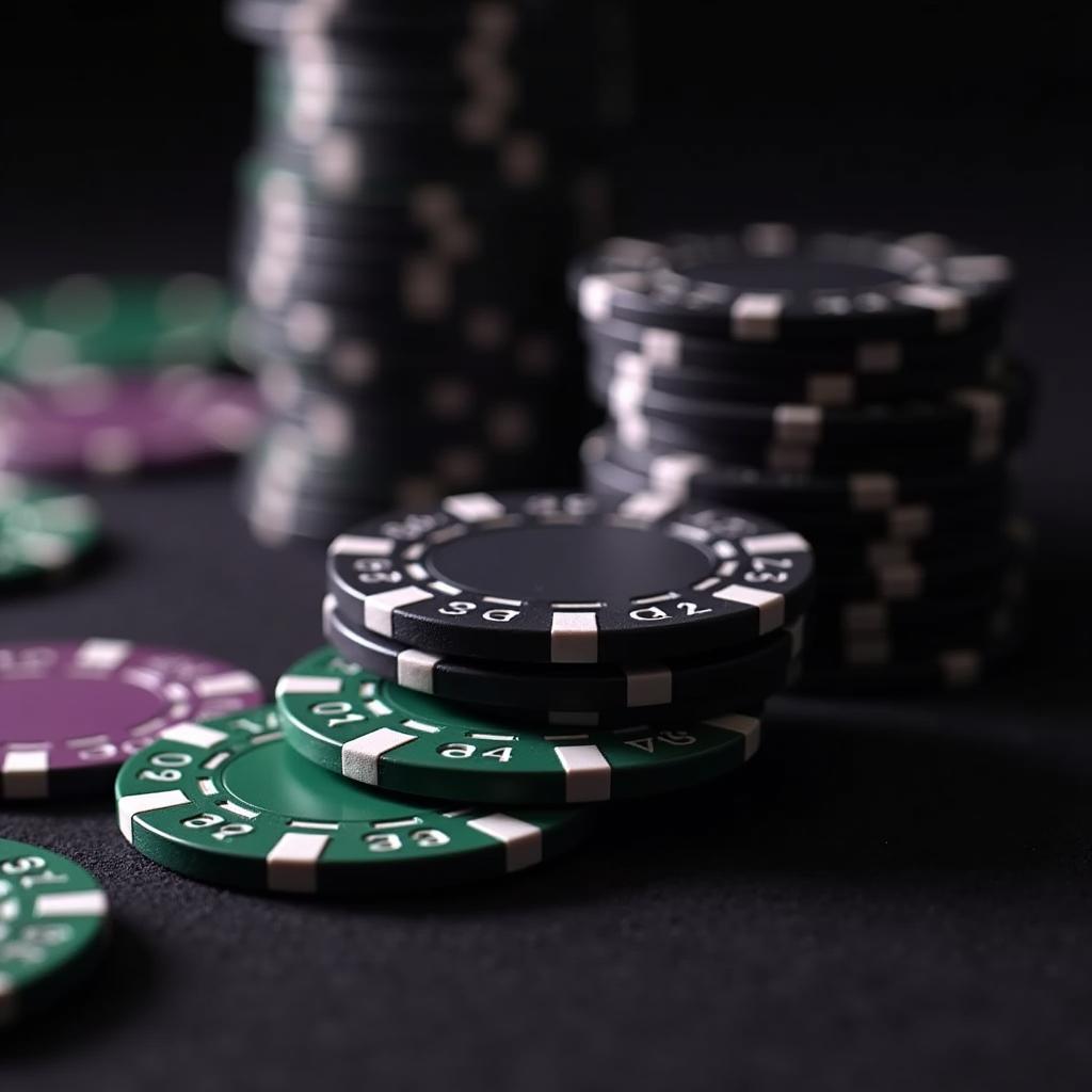 Chip mệnh giá cao trong casino, thường có màu đen, xanh lá cây đậm, hoặc tím đậm