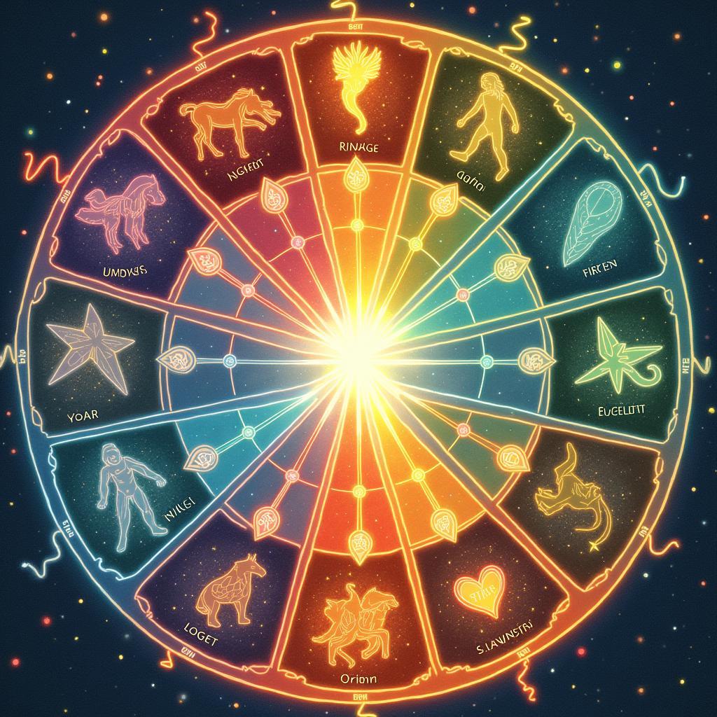 An illustration showing the five elements (wood, fire, earth, metal, water) and zodiac signs interacting.